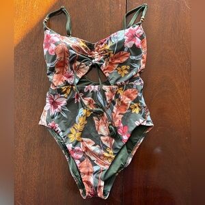Sanctuary Olive Multi Floral Tie-Front One-Piece Swimsuit